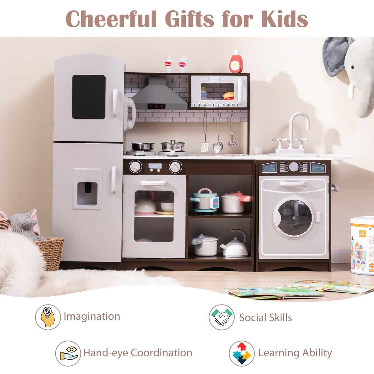 Corner Toy Kitchen Set with Light with Sounds Interactive-Dark Brown view 5