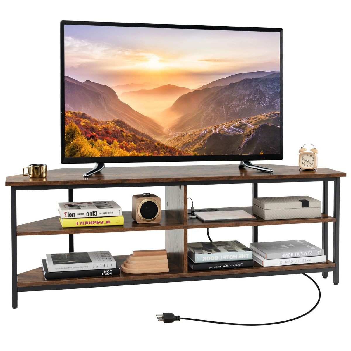 3-Tier Corner TV Stand for TVs up to 65 Inches with Charging Station- Rustic Brown