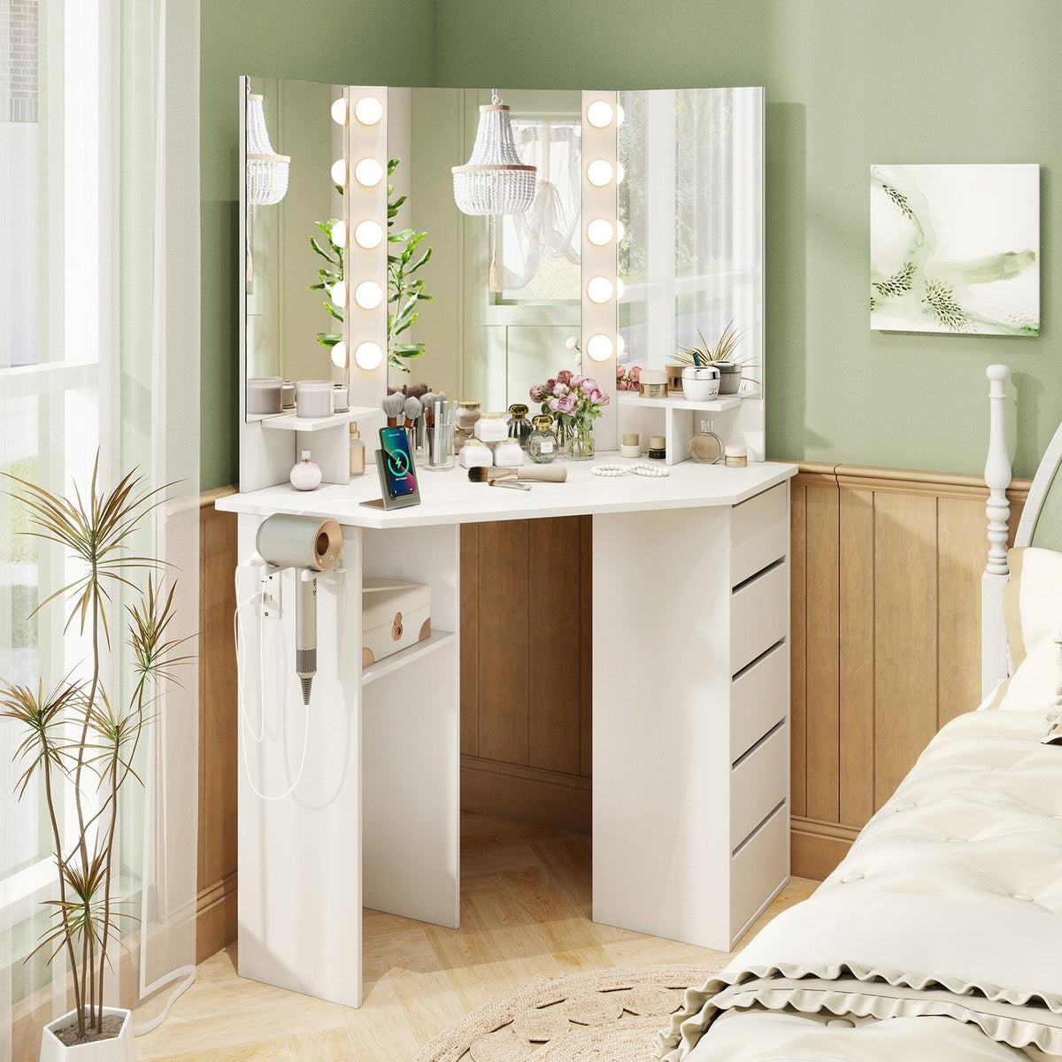 Corner Vanity Desk with 3-Color LED Lighted Mirror and Power Outlet-White view 2