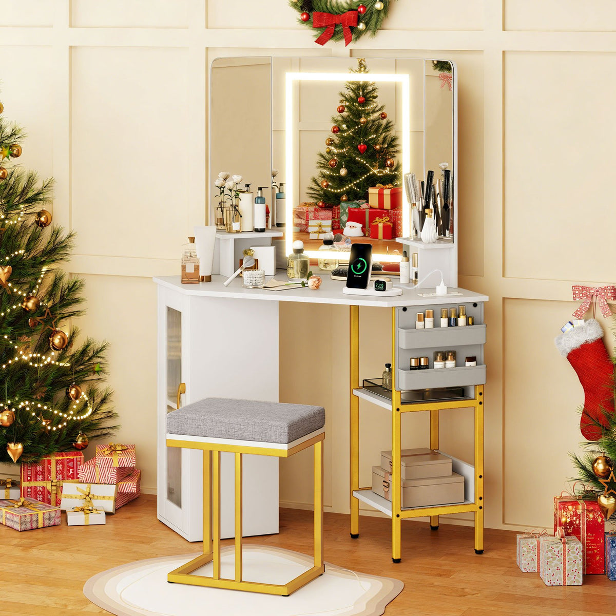 Corner Vanity Desk with Mirror and Lights Makeup Dressing Table with Triple Mirror-White view 2