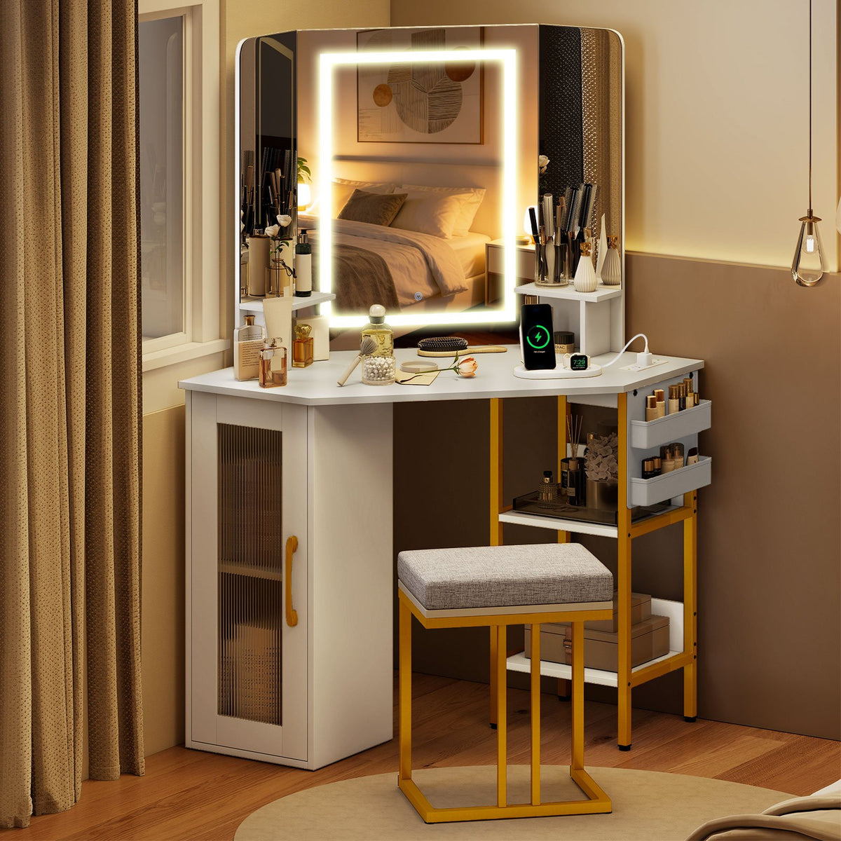Corner Vanity Desk with Mirror and Lights Makeup Dressing Table with Triple Mirror-White view 3