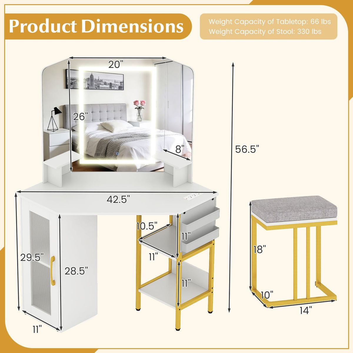 Corner Vanity Desk with Mirror and Lights Makeup Dressing Table with Triple Mirror-White view 5