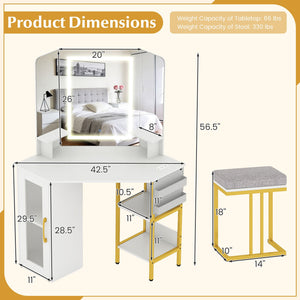 Corner Vanity Desk with Mirror and Lights Makeup Dressing Table with Triple Mirror-White view 5