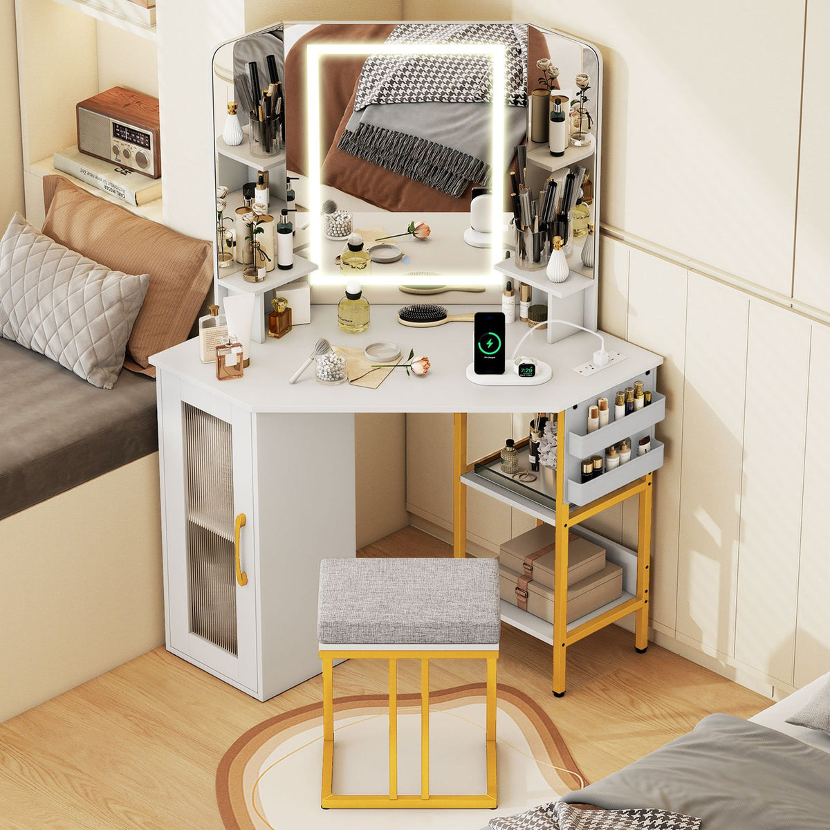 Corner Vanity Desk with Mirror and Lights Makeup Dressing Table with Triple Mirror-White view 6