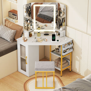 Corner Vanity Desk with Mirror and Lights Makeup Dressing Table with Triple Mirror-White view 6
