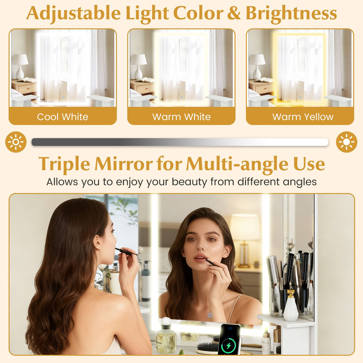 Corner Vanity Desk with Mirror and Lights Makeup Dressing Table with Triple Mirror-White view 7