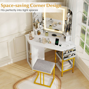 Corner Vanity Desk with Mirror and Lights Makeup Dressing Table with Triple Mirror-White view 8