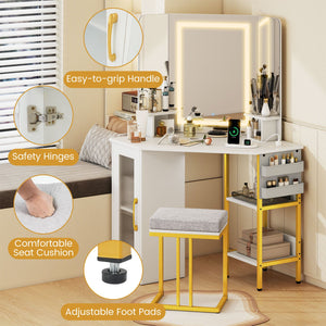 Corner Vanity Desk with Mirror and Lights Makeup Dressing Table with Triple Mirror-White view 9