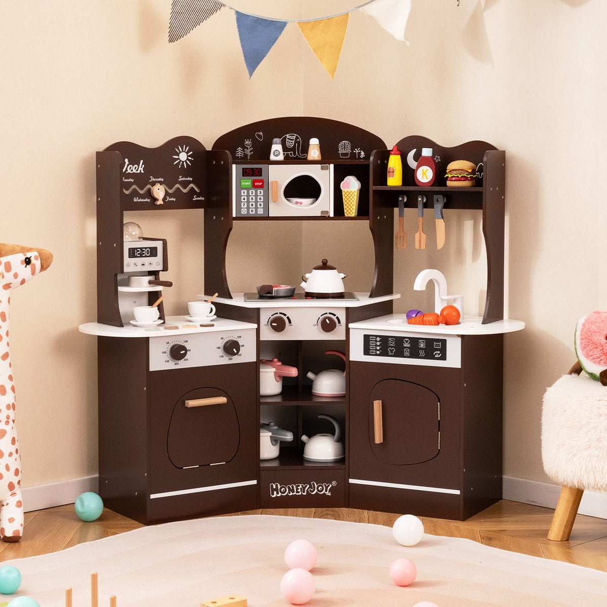 Corner Wooden Play Kitchen with Coffee Machine and Slide for Kids-Brown view 2