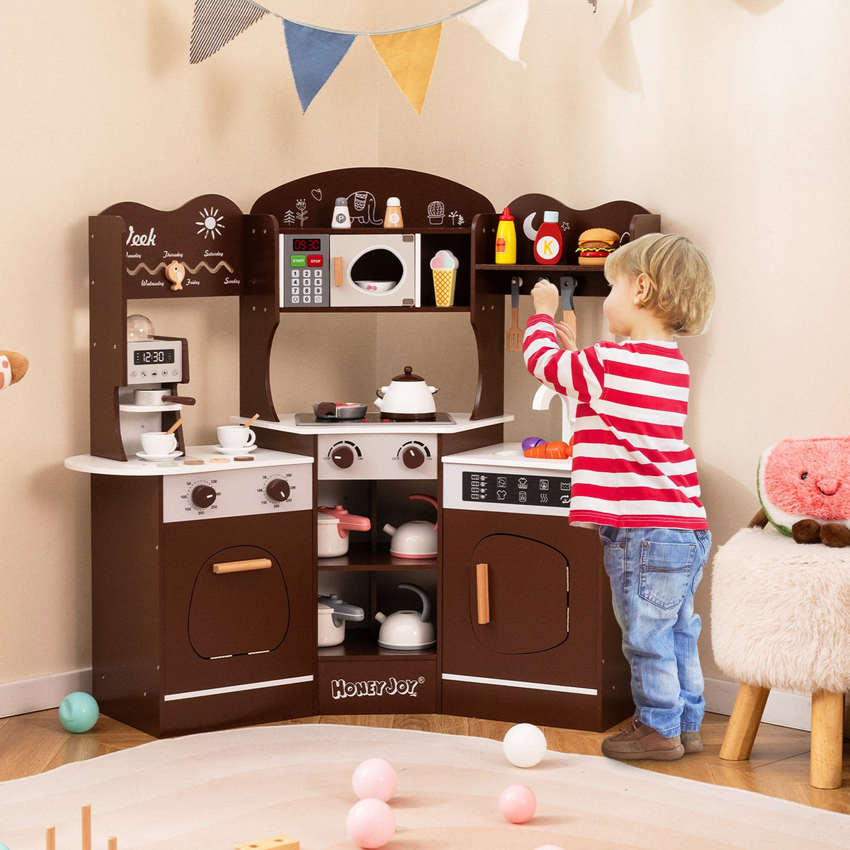 Corner Wooden Play Kitchen with Coffee Machine and Slide for Kids-Brown view 3