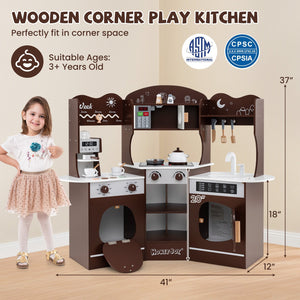 Corner Wooden Play Kitchen with Coffee Machine and Slide for Kids-Brown view 4