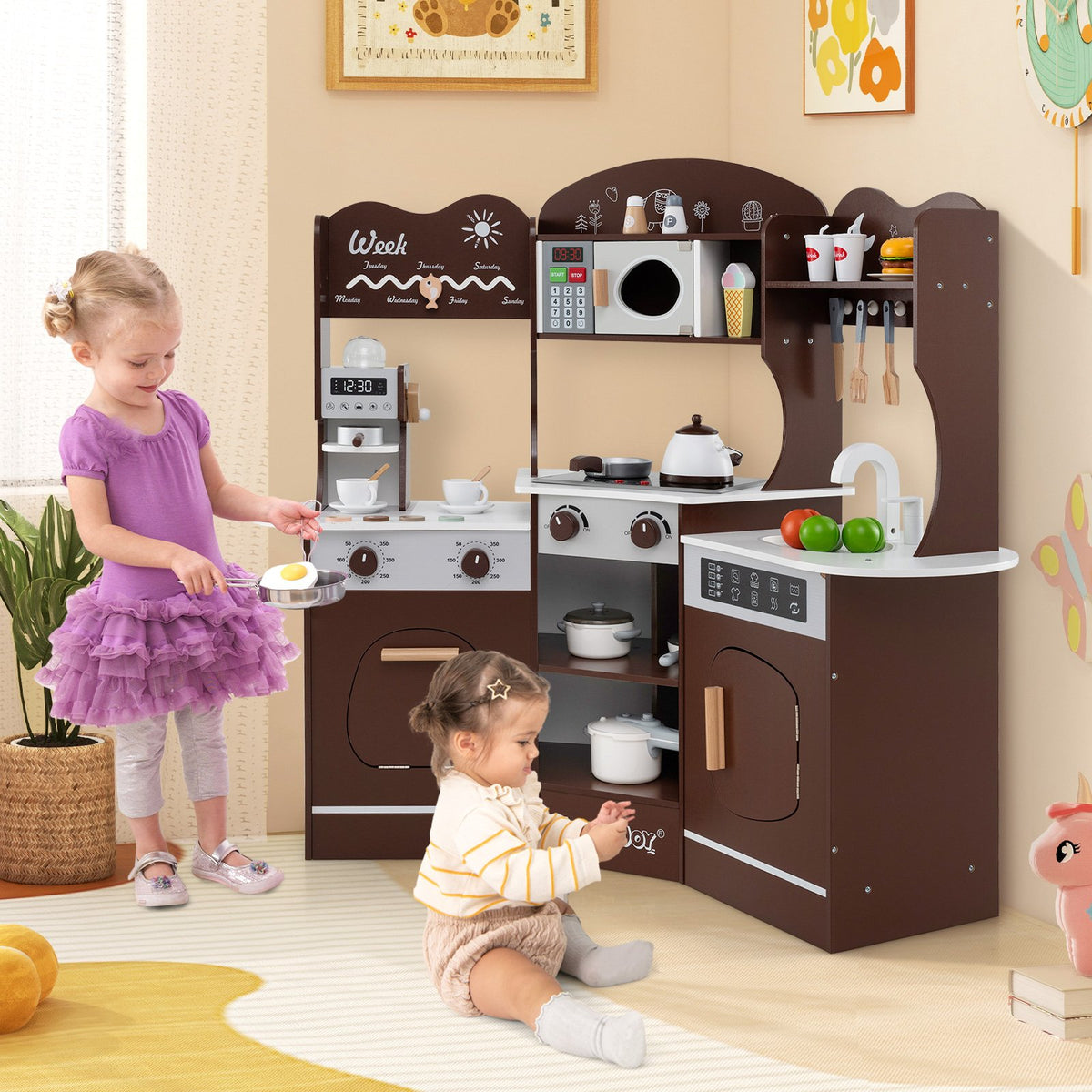 Corner Wooden Play Kitchen with Coffee Machine and Slide for Kids-Brown view 5
