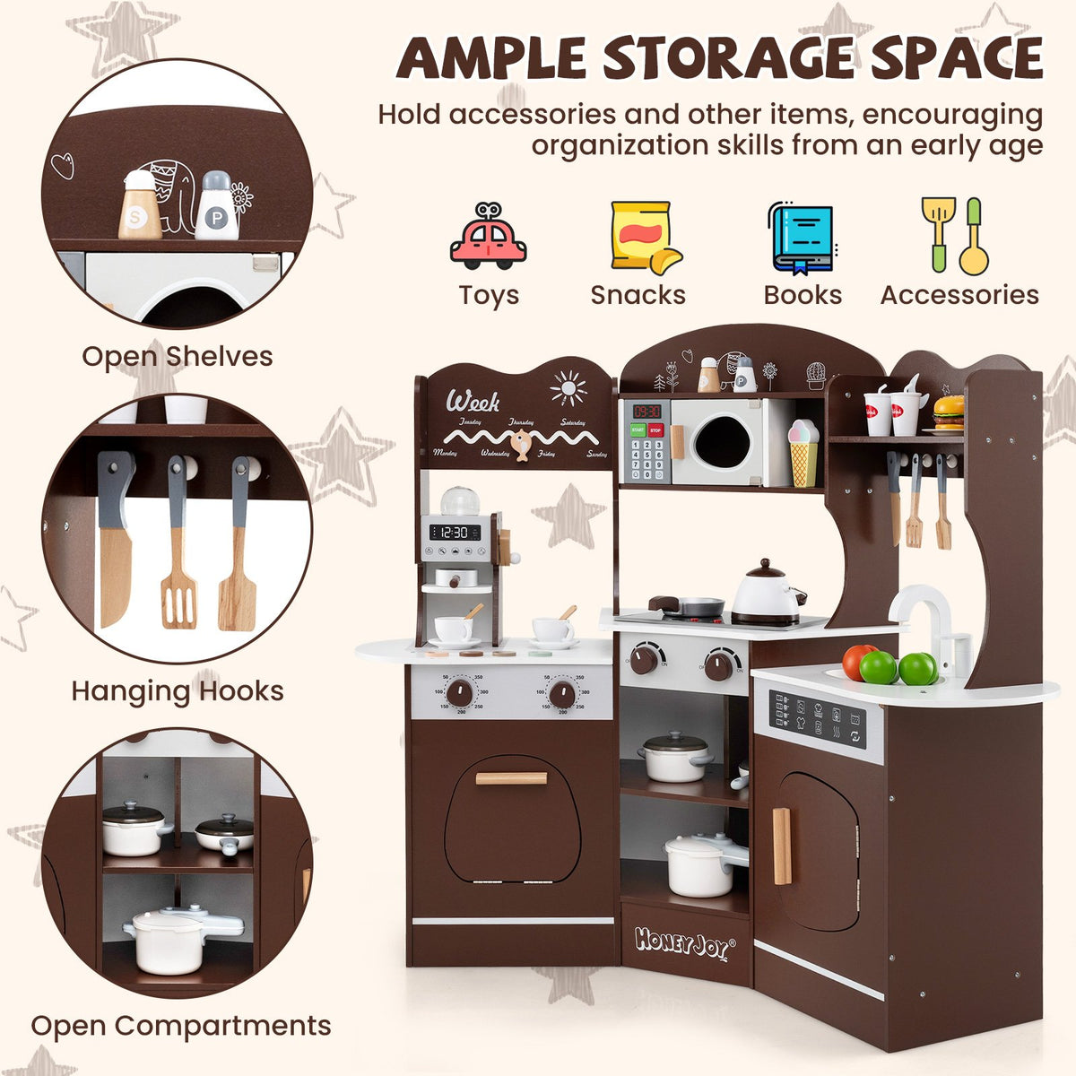 Corner Wooden Play Kitchen with Coffee Machine and Slide for Kids-Brown view 7