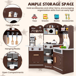 Corner Wooden Play Kitchen with Coffee Machine and Slide for Kids-Brown view 7