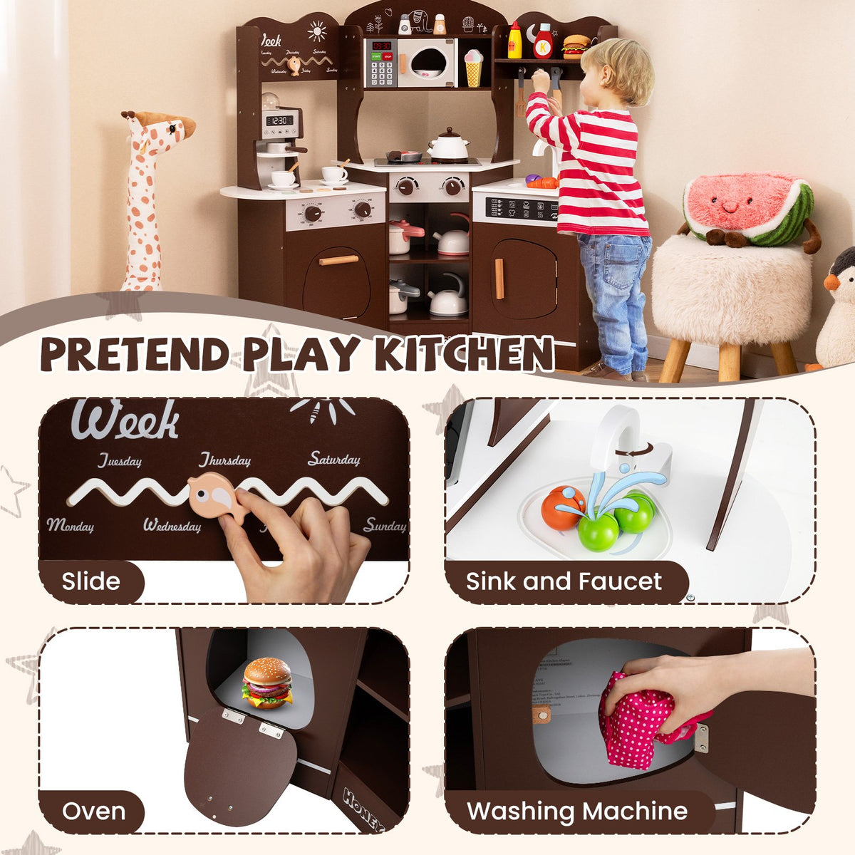 Corner Wooden Play Kitchen with Coffee Machine and Slide for Kids-Brown view 9