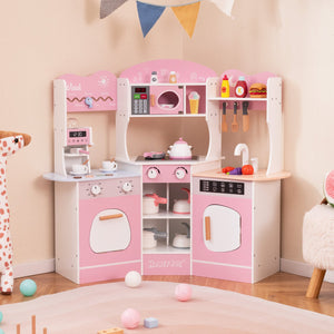 Corner Wooden Play Kitchen with Coffee Machine and Slide for Kids-Pink view 2