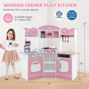 Corner Wooden Play Kitchen with Coffee Machine and Slide for Kids-Pink view 4