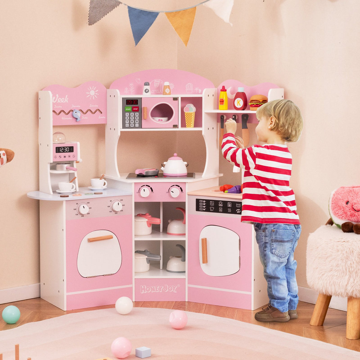 Corner Wooden Play Kitchen with Coffee Machine and Slide for Kids-Pink view 5