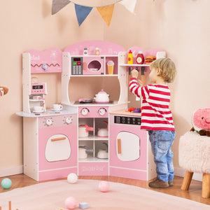 Corner Wooden Play Kitchen with Coffee Machine and Slide for Kids-Pink view 5