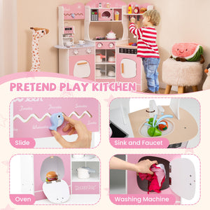 Corner Wooden Play Kitchen with Coffee Machine and Slide for Kids-Pink view 7