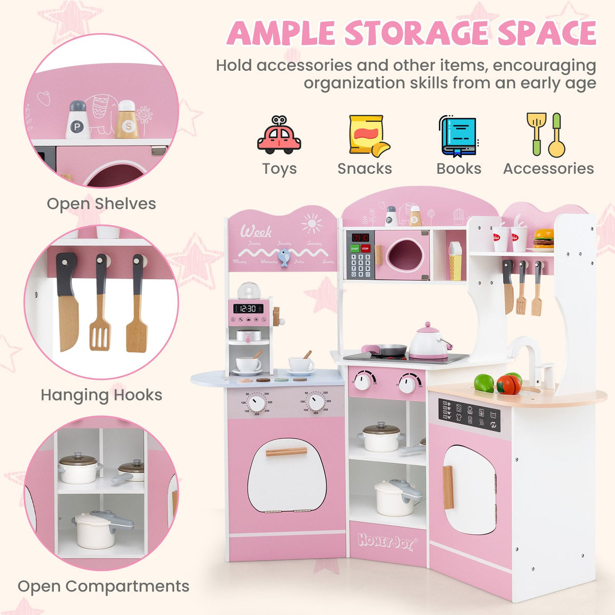 Corner Wooden Play Kitchen with Coffee Machine and Slide for Kids-Pink view 8