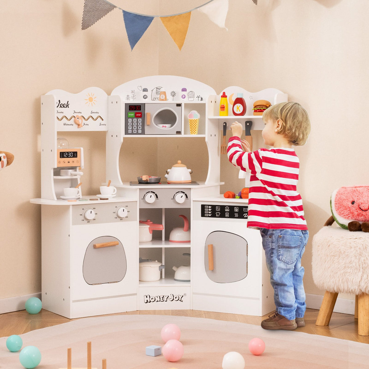 Corner Wooden Play Kitchen with Coffee Machine and Slide for Kids-White view 2