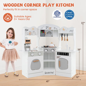 Corner Wooden Play Kitchen with Coffee Machine and Slide for Kids-White view 4