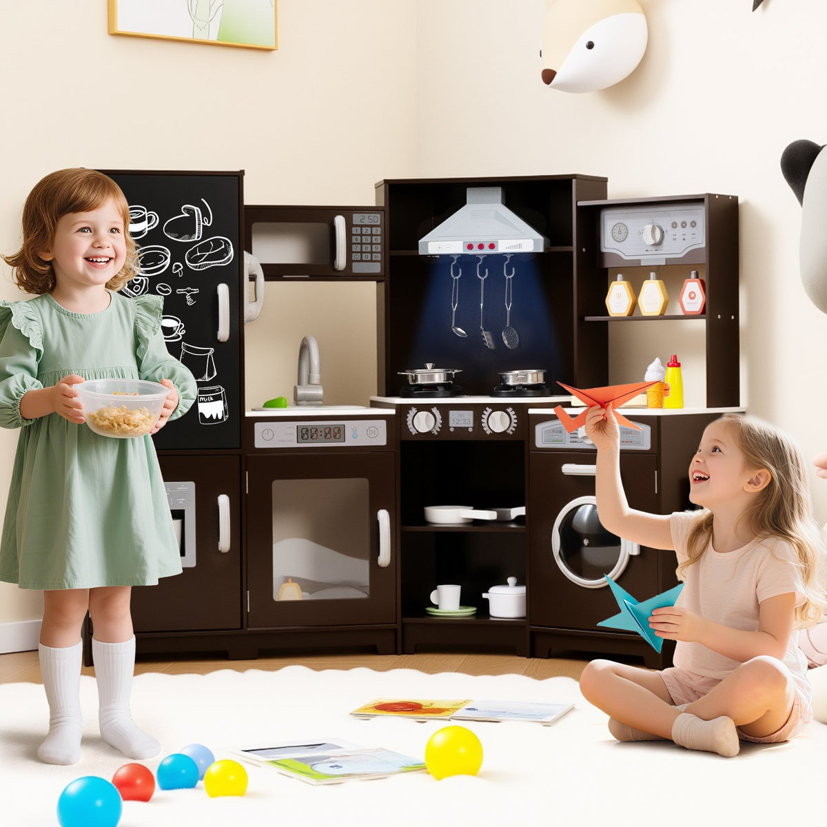 Corner Wooden Play Kitchen with Lights and Sounds Large Pretend Play Kitchen Set-Espresso view 3