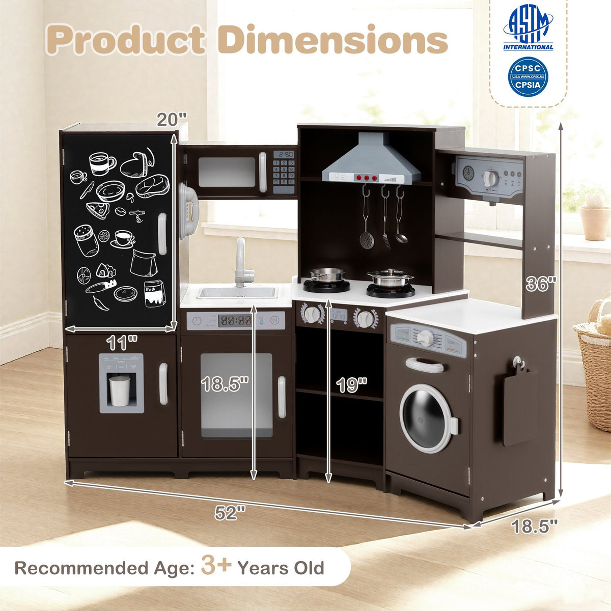 Corner Wooden Play Kitchen with Lights and Sounds Large Pretend Play Kitchen Set-Espresso view 4