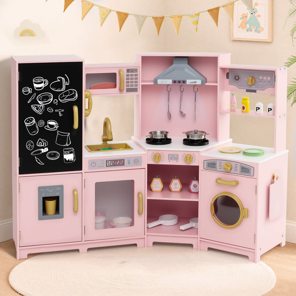 Corner Wooden Play Kitchen with Lights and Sounds Large Pretend Play Kitchen Set-Pink view 2