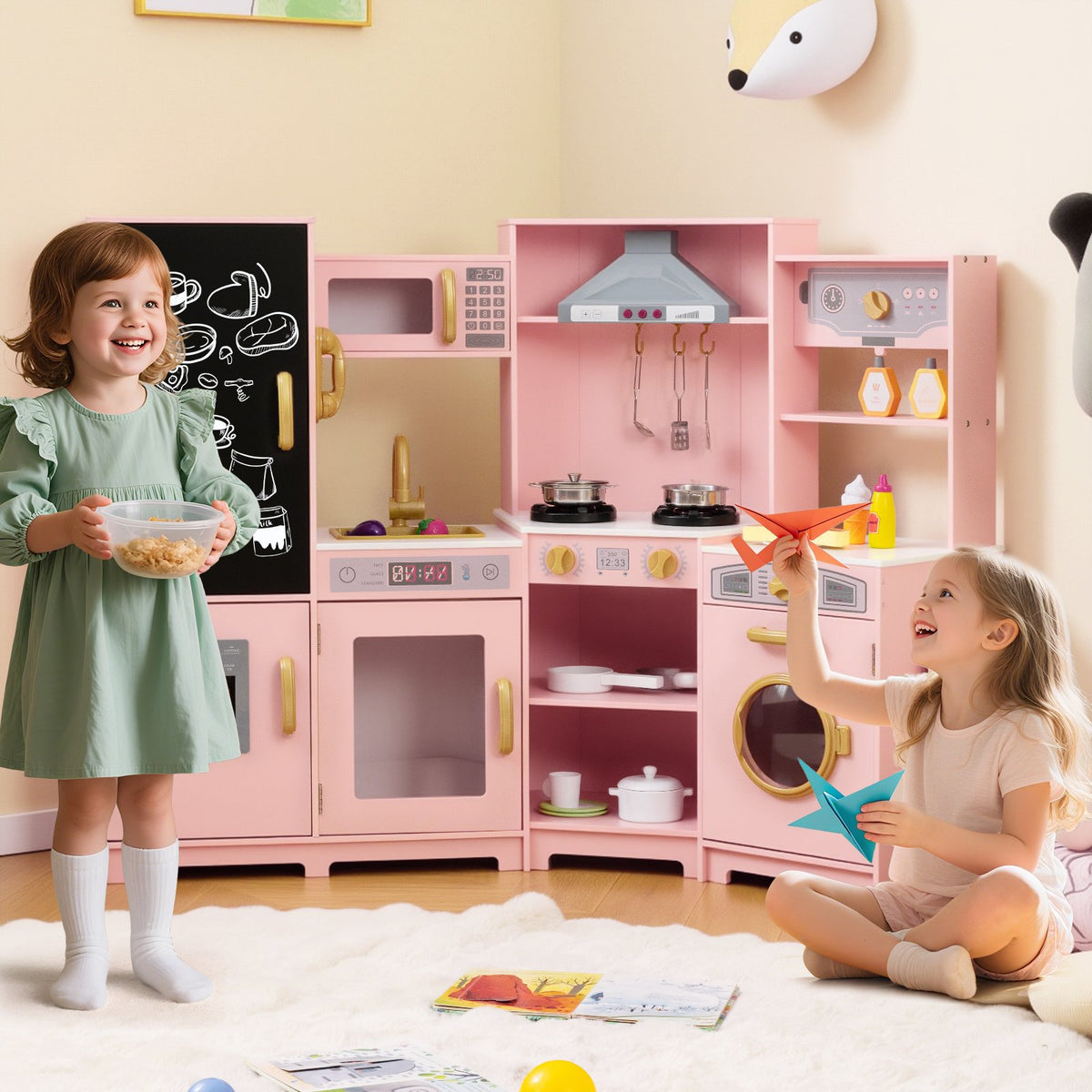 Corner Wooden Play Kitchen with Lights and Sounds Large Pretend Play Kitchen Set-Pink view 3