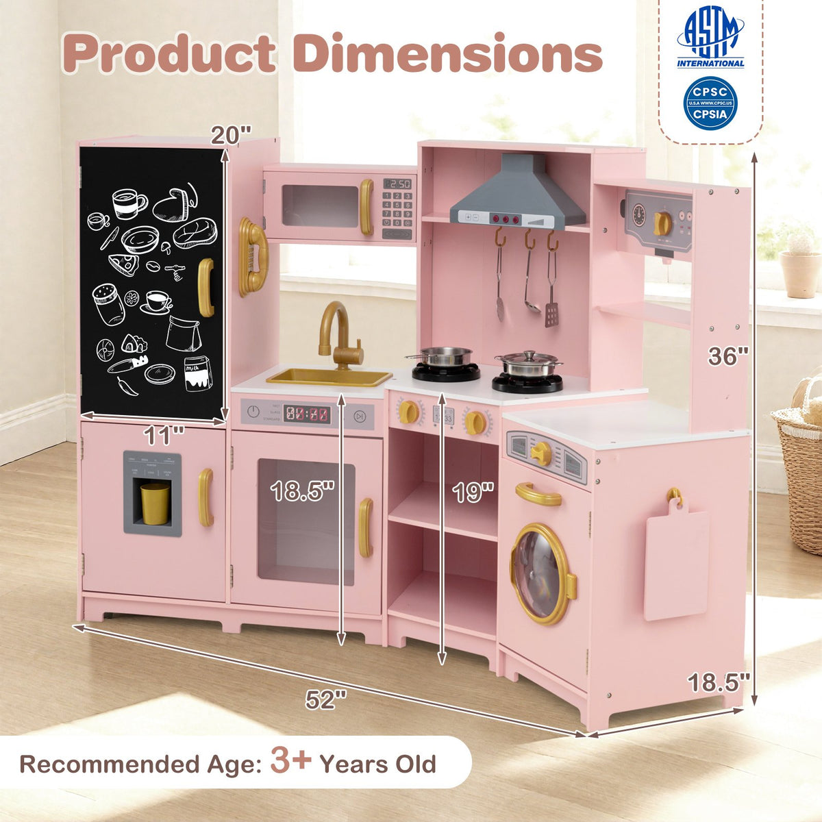 Corner Wooden Play Kitchen with Lights and Sounds Large Pretend Play Kitchen Set-Pink view 4