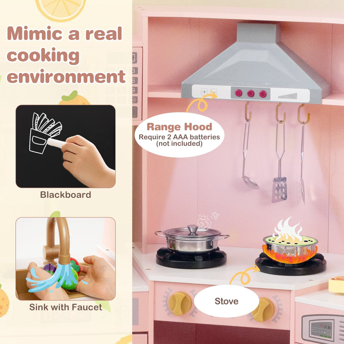 Corner Wooden Play Kitchen with Lights and Sounds Large Pretend Play Kitchen Set-Pink view 6