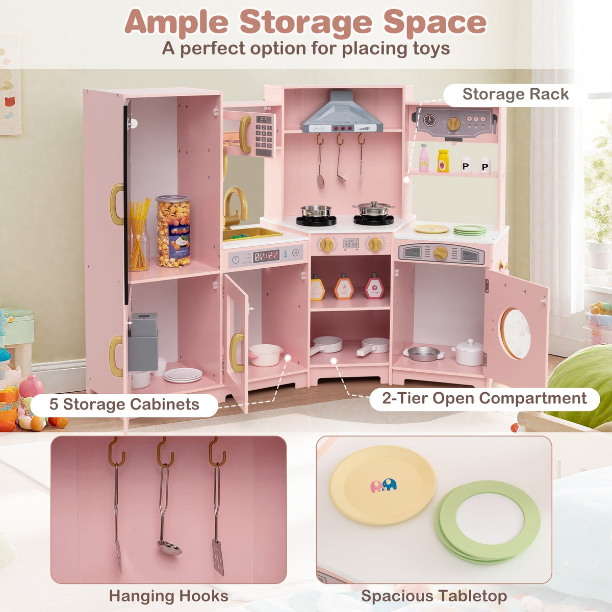 Corner Wooden Play Kitchen with Lights and Sounds Large Pretend Play Kitchen Set-Pink view 8