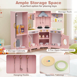 Corner Wooden Play Kitchen with Lights and Sounds Large Pretend Play Kitchen Set-Pink view 8