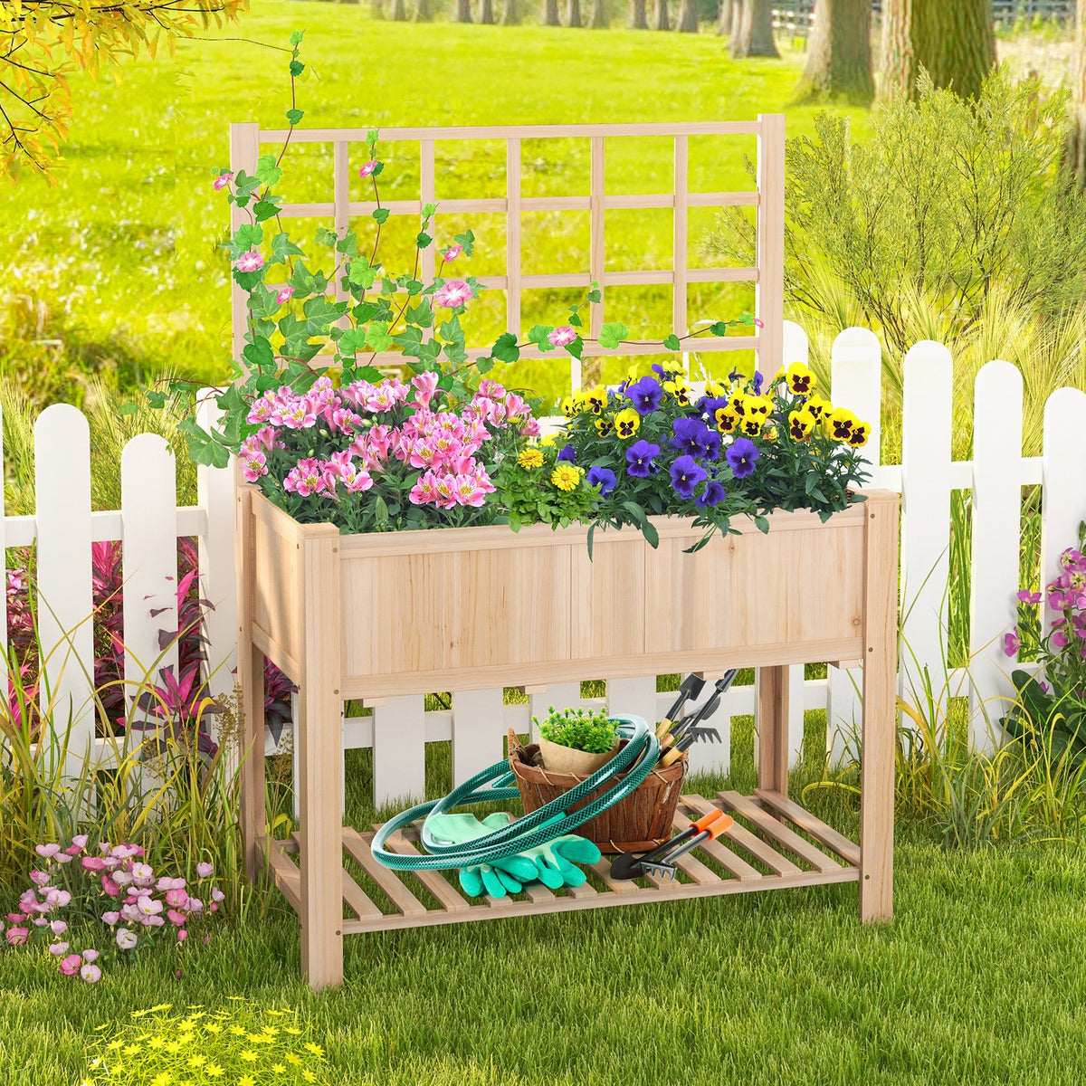 Raised Garden Bed Elevated Wooden Planter Box with Trellis view 2