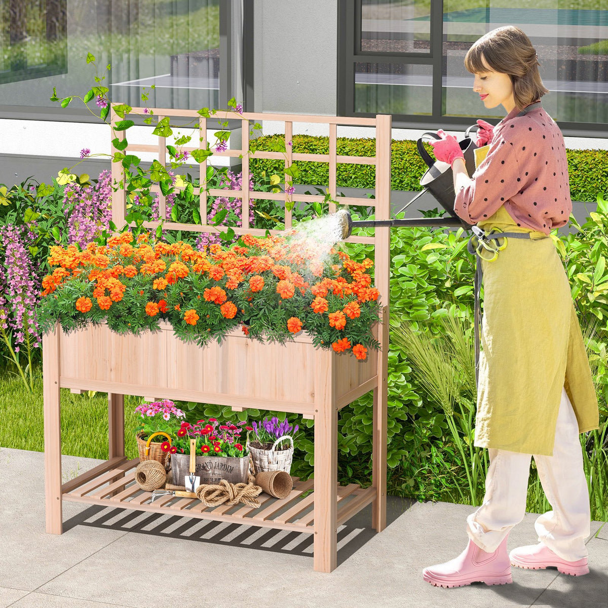 Raised Garden Bed Elevated Wooden Planter Box with Trellis view 3