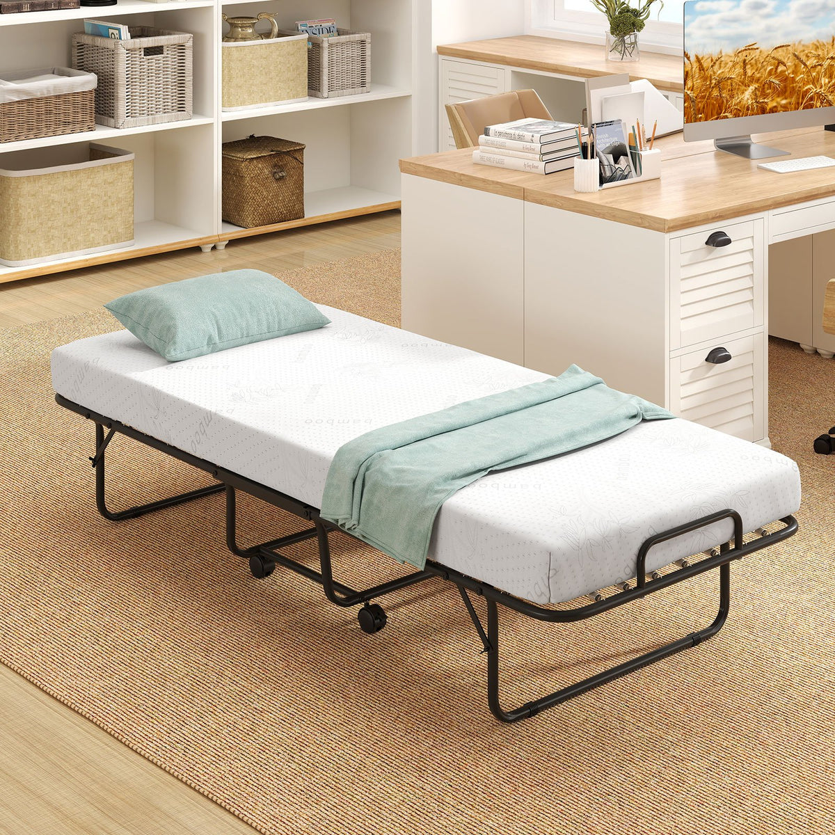 Cot Size Folding Bed Frame with Memory Foam Mattress and Metal Frame view 2