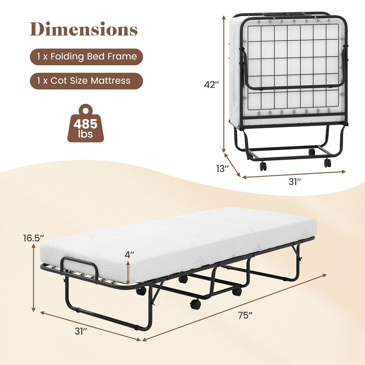 Cot Size Folding Bed Frame with Memory Foam Mattress and Metal Frame view 4