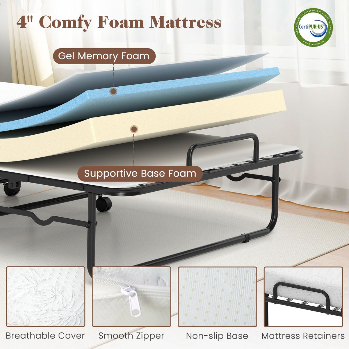 Cot Size Folding Bed Frame with Memory Foam Mattress and Metal Frame view 7