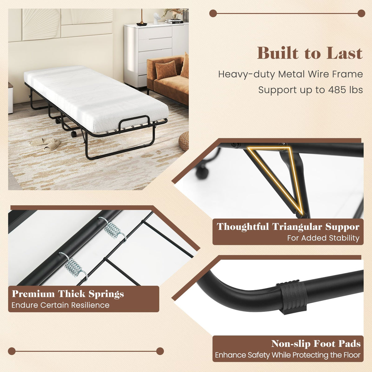 Cot Size Folding Bed Frame with Memory Foam Mattress and Metal Frame view 9