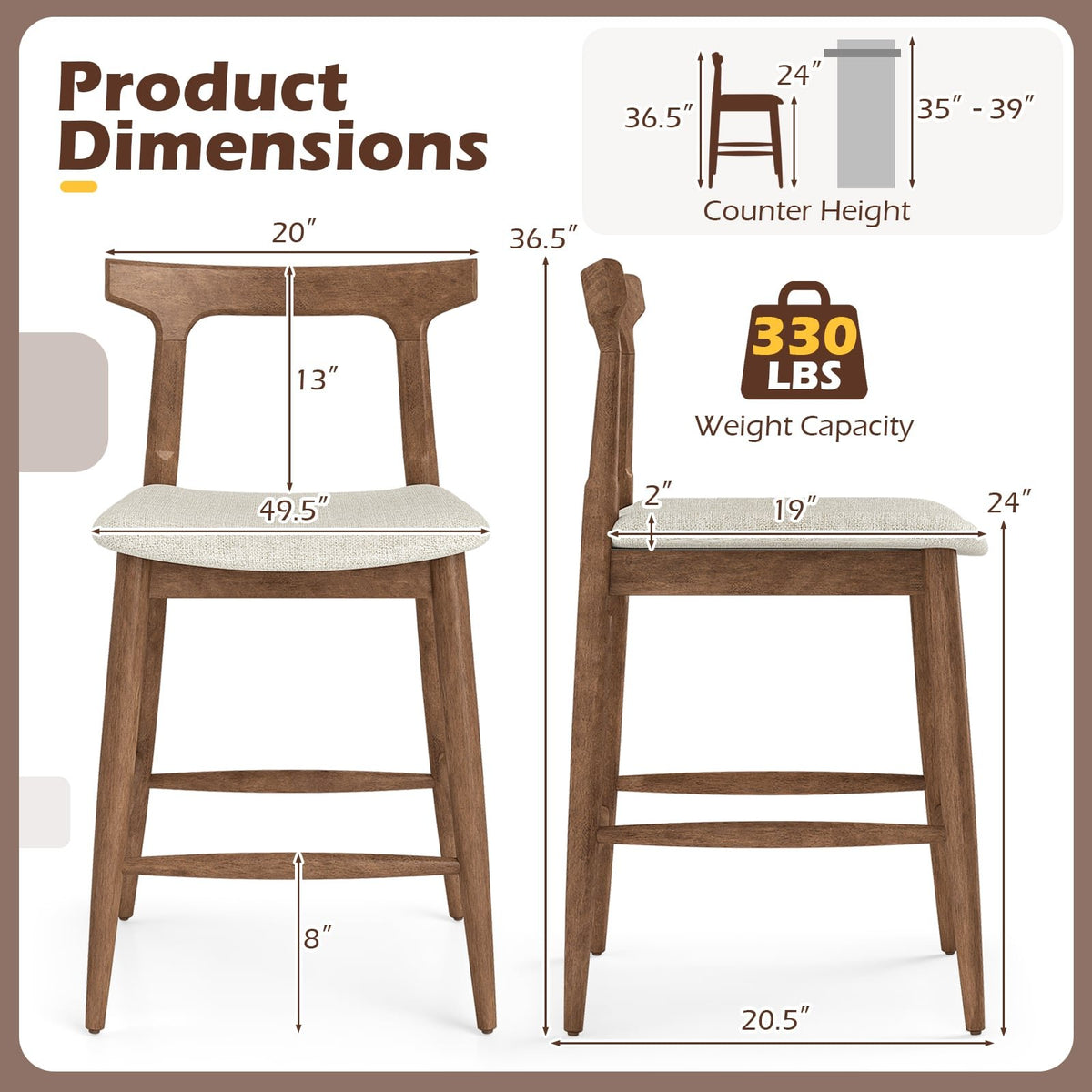 Counter Height Bar Stools 24 Inch Solid Wood Kitchen Island Chairs with Curved Backs-Walnut view 4