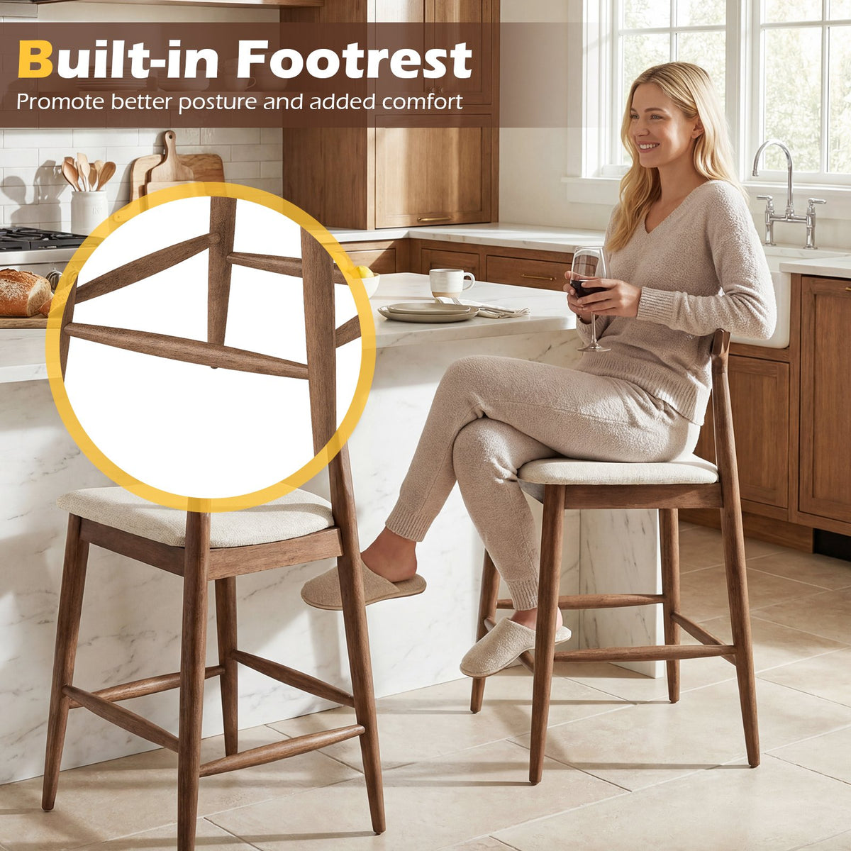 Counter Height Bar Stools 24 Inch Solid Wood Kitchen Island Chairs with Curved Backs-Walnut view 7