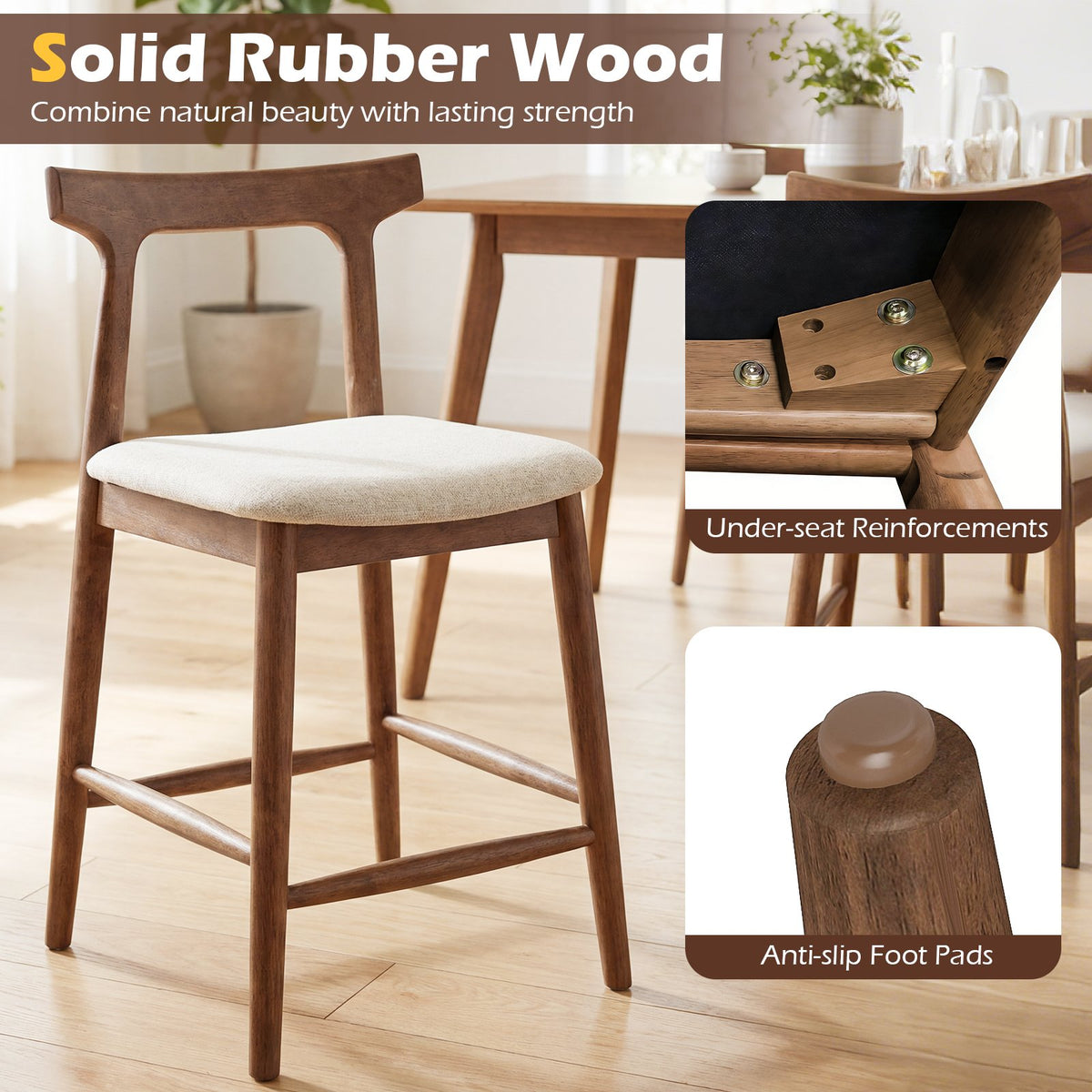 Counter Height Bar Stools 24 Inch Solid Wood Kitchen Island Chairs with Curved Backs-Walnut view 9