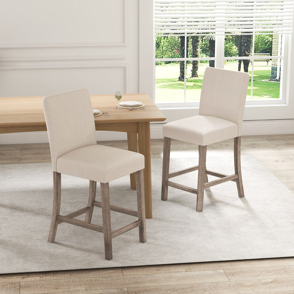 Counter Height Bar Stools Set of 2 with Back and Footrest-Beige view 2