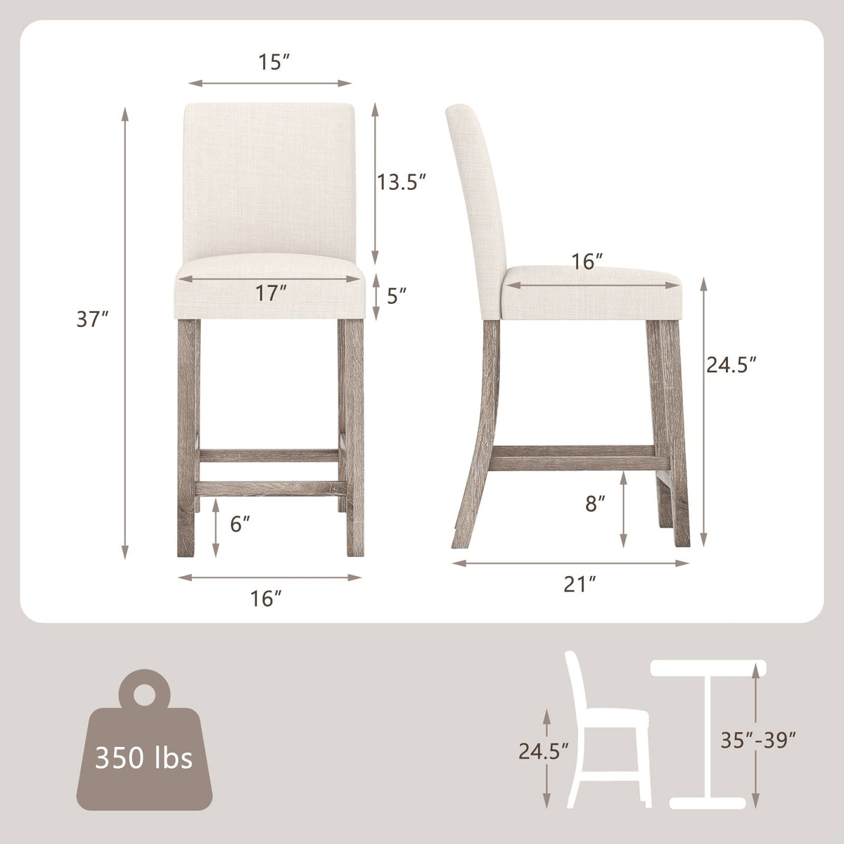 Counter Height Bar Stools Set of 2 with Back and Footrest-Beige view 4