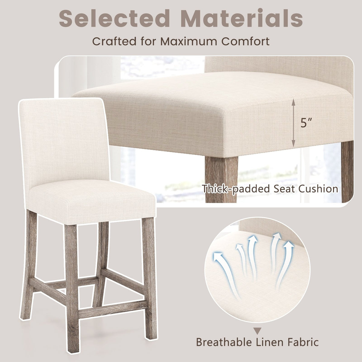 Counter Height Bar Stools Set of 2 with Back and Footrest-Beige view 5