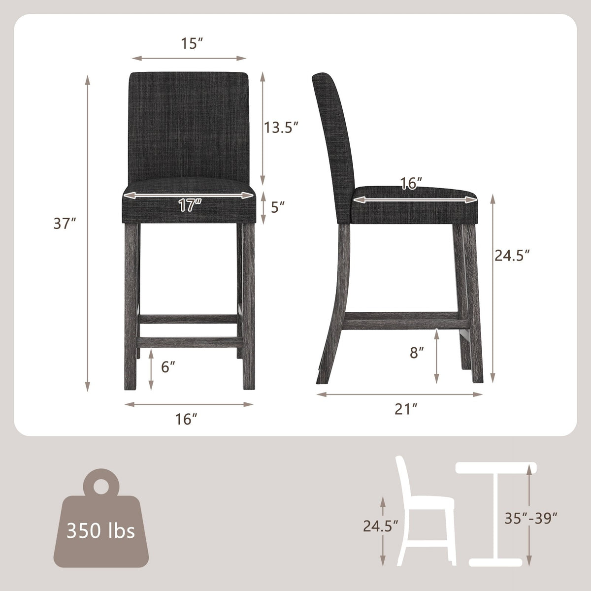 Counter Height Bar Stools Set of 2 with Back and Footrest-Gray view 4