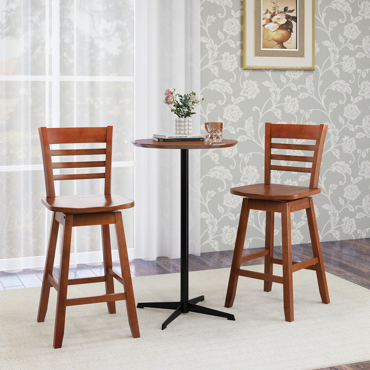 Counter Height Barstools Set of 2 with Footrest for Kitchen Island Bar-Walnut view 2