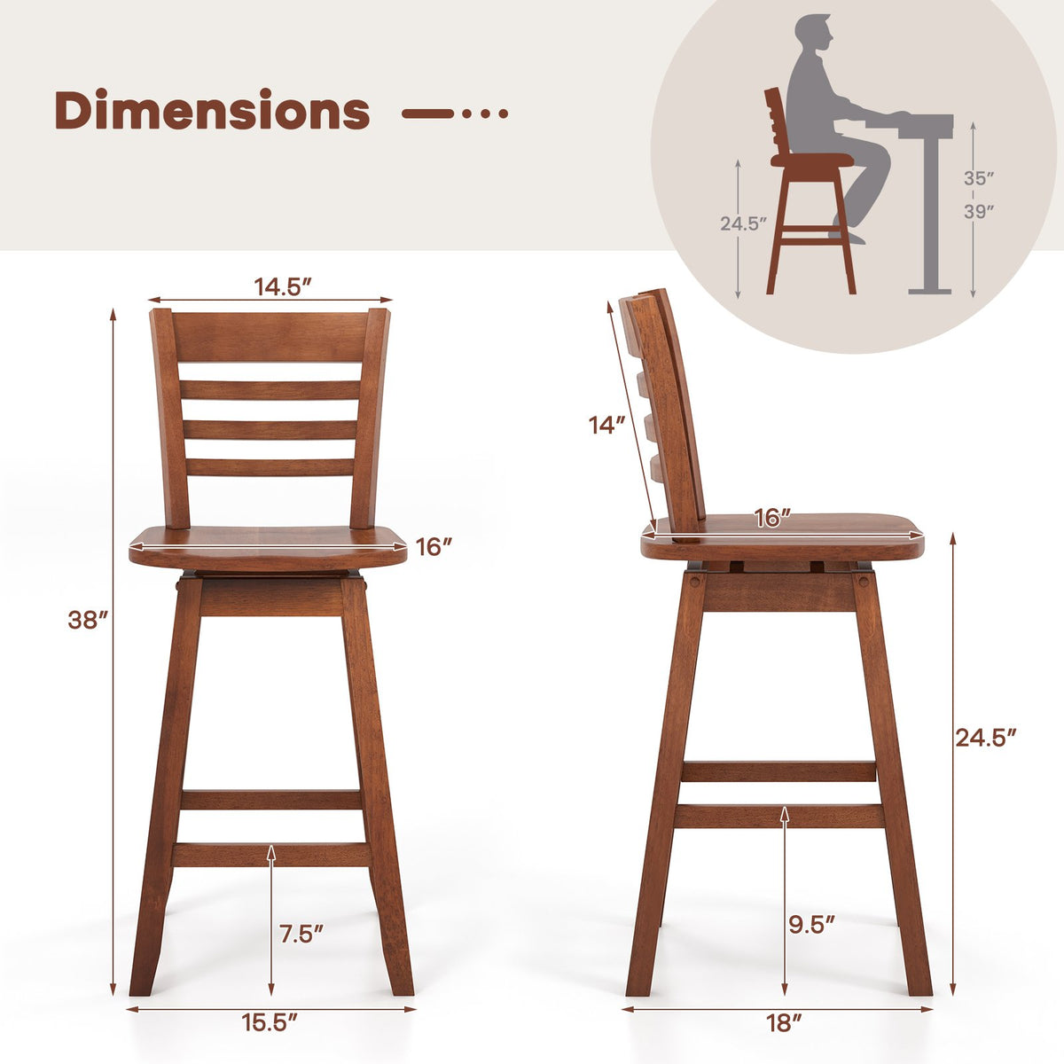 Counter Height Barstools Set of 2 with Footrest for Kitchen Island Bar-Walnut view 4